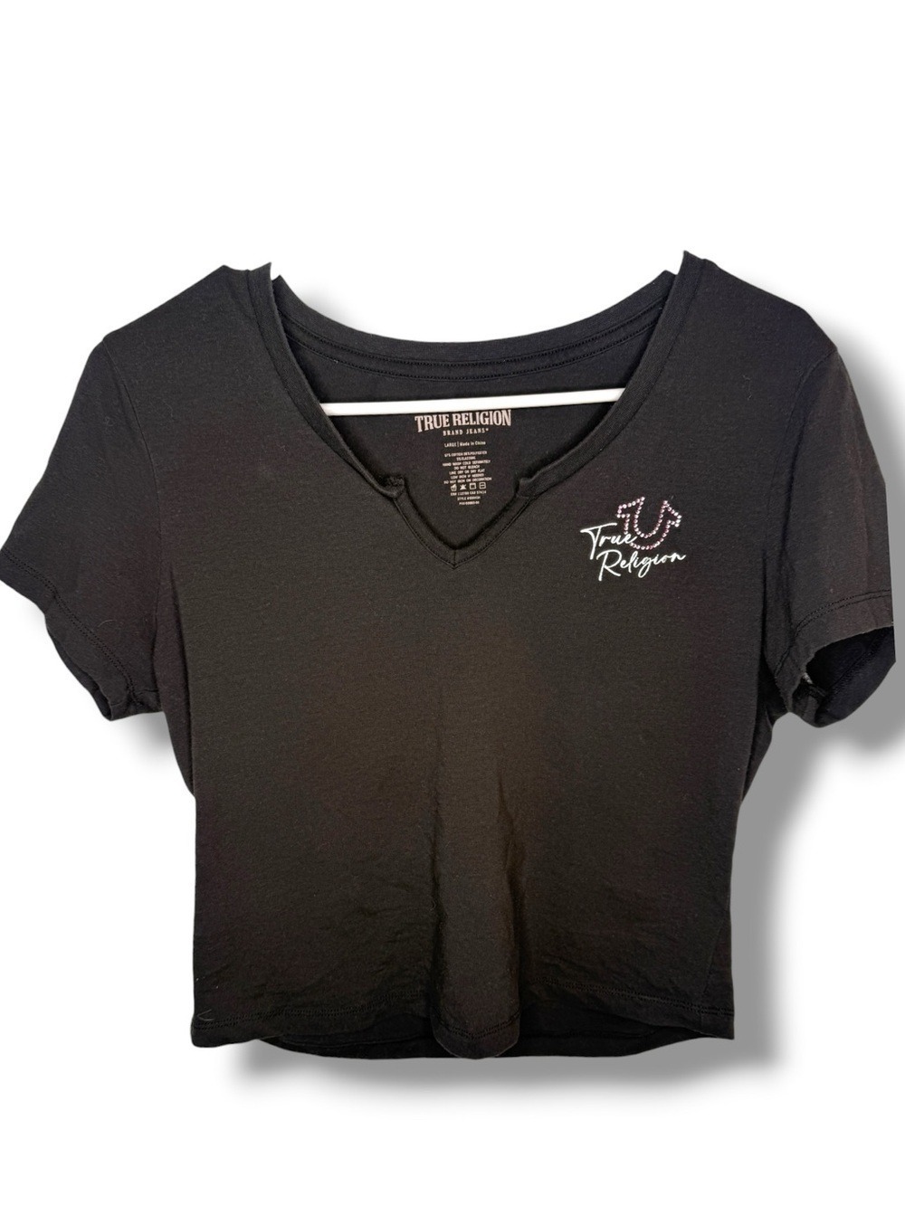 True Religion Dark Brown Rhinestone Logo Fitted Baby Tee Large